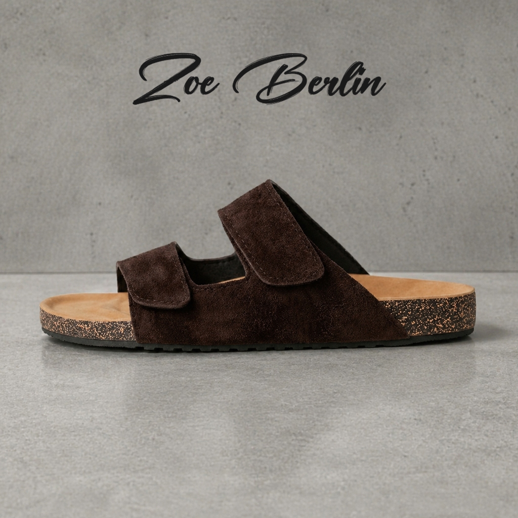 Jackson Brown Suede Velcro Zoe Berlin - Sandal Footbed Pria Slides Cork Birken Docmart Anti Slip