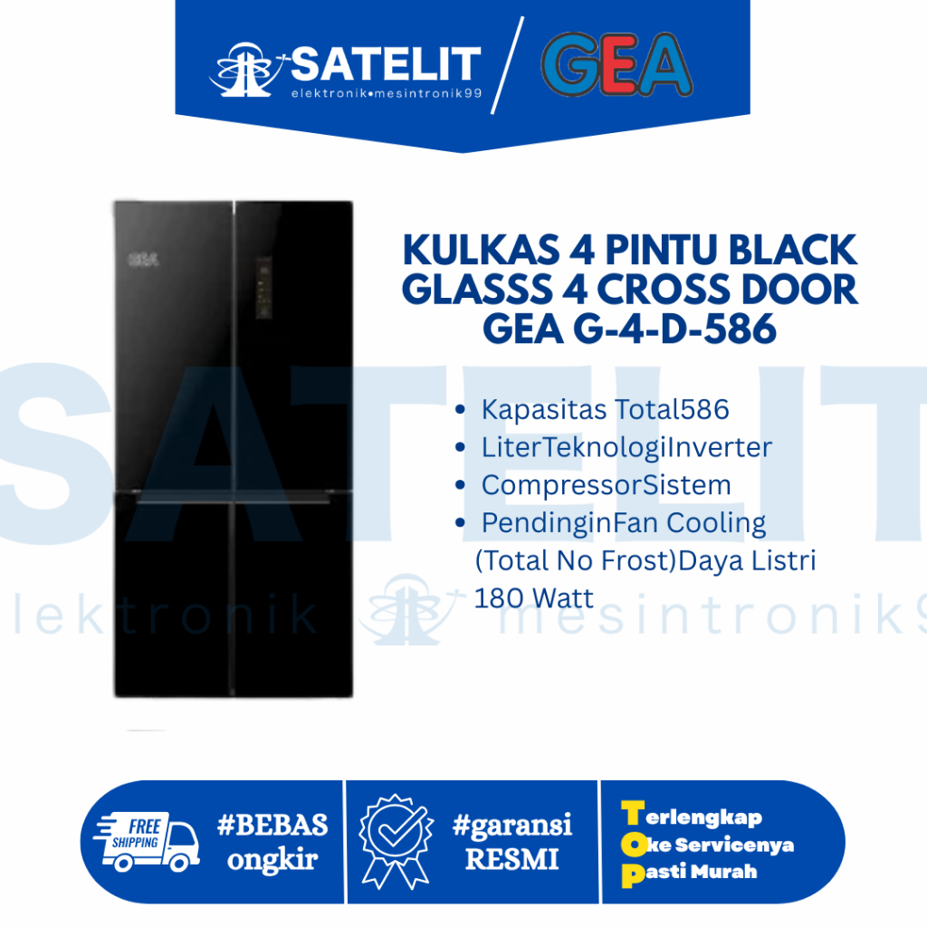 KULKAS 4 PINTU BLACK GLASSS 4 CROSS DOOR GEA G-4-D-586