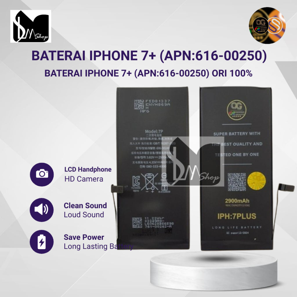 BATTERY | BATERAI | BATRE IPHONE 7+ (APN:616-00250) ORI OG SUPER 100%