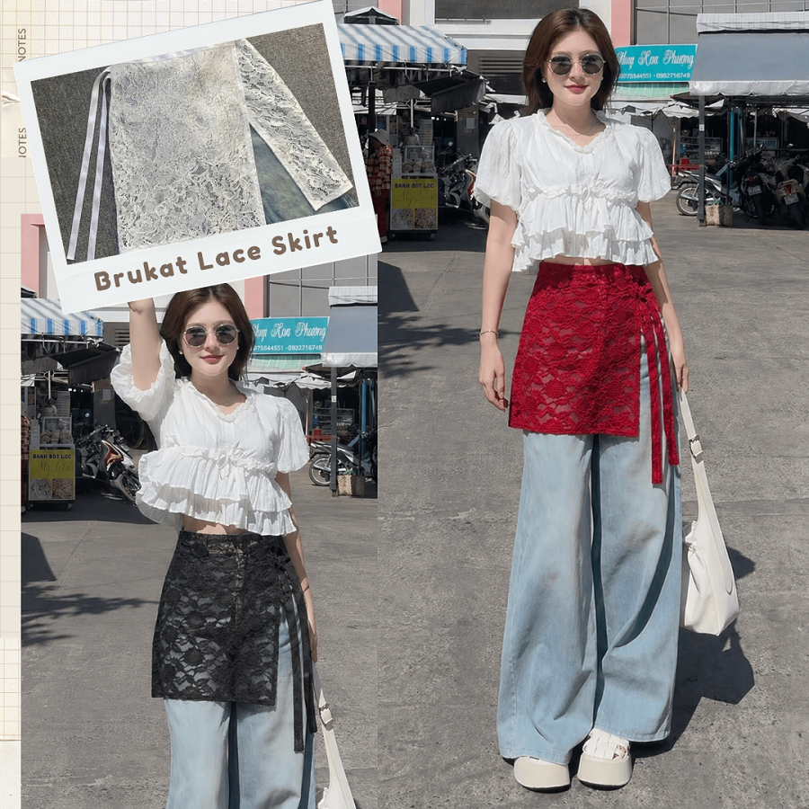 Lace Skirt Pinggang Asimetris Hitam dan putih Outer Lilit Overlay Pendek Jaring Motif Serbaguna