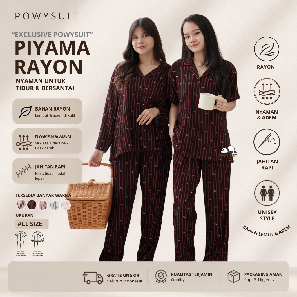 [Exclusive Powysuit] Piyama Rayon PW Wanita Motif Setelan Couple - Baju Tidur Nyaman Busui