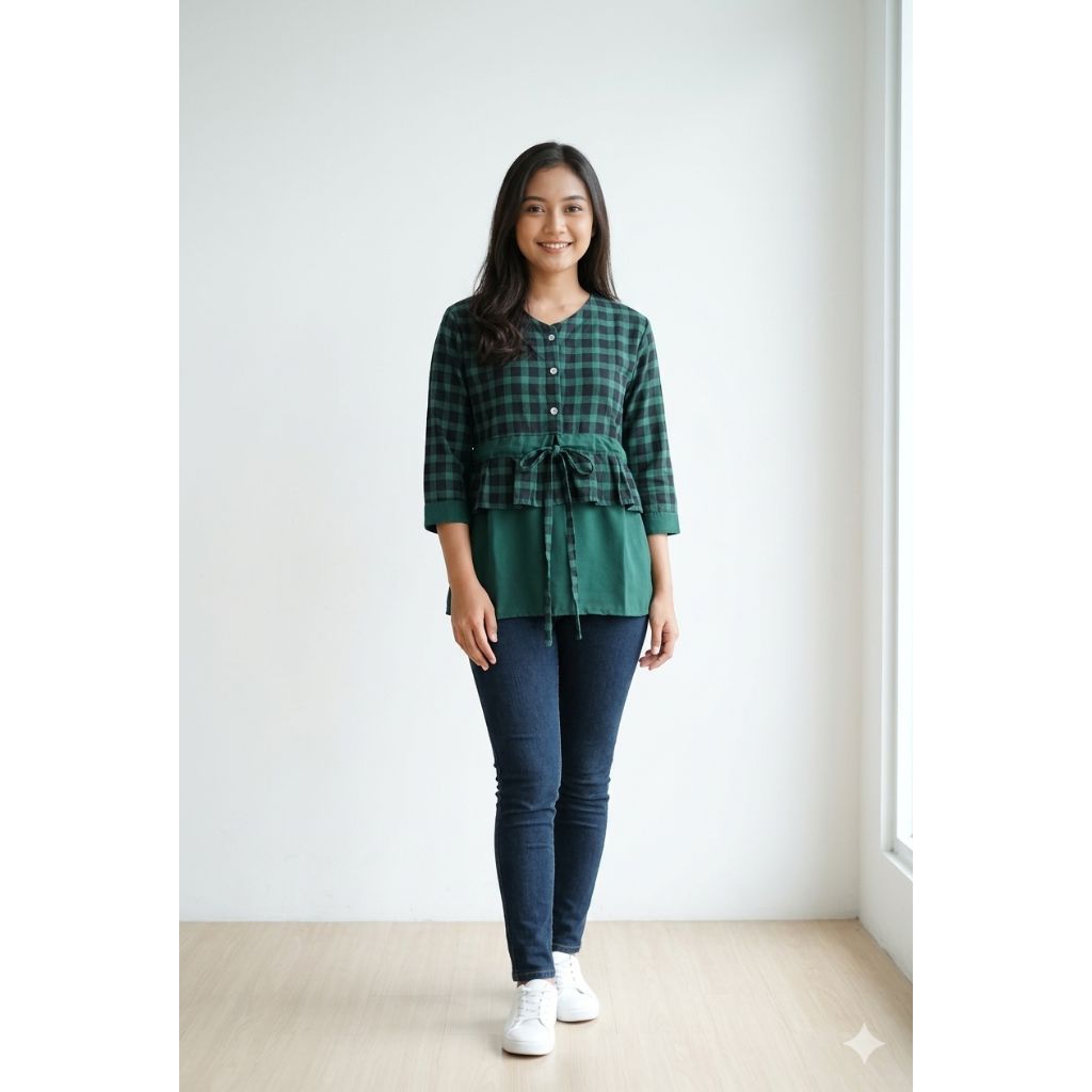 obral cuci gudang baju atasan wanita motif kotak lengan panjang