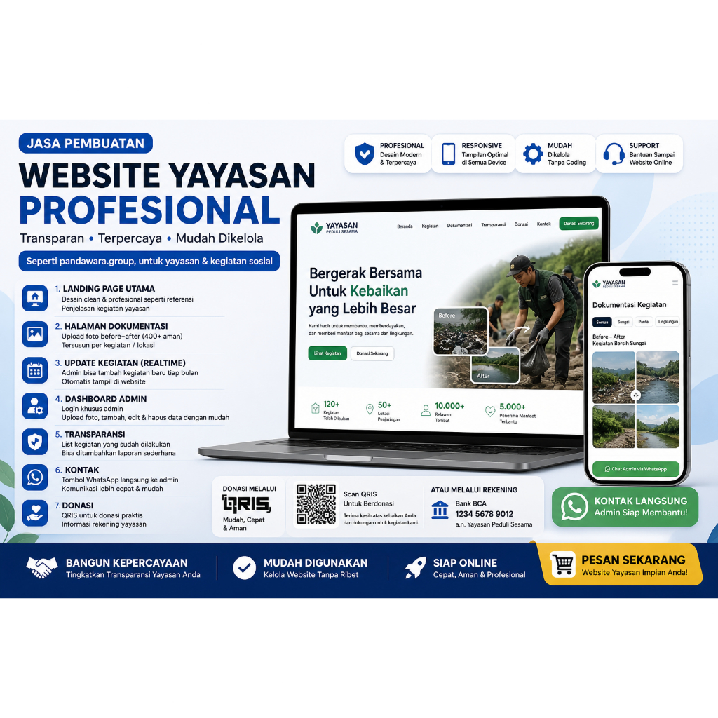 Jasa Pembuatan Website Yayasan Profesional | Landing Page + Dokumentasi + Donasi QRIS + Dashboard Ad
