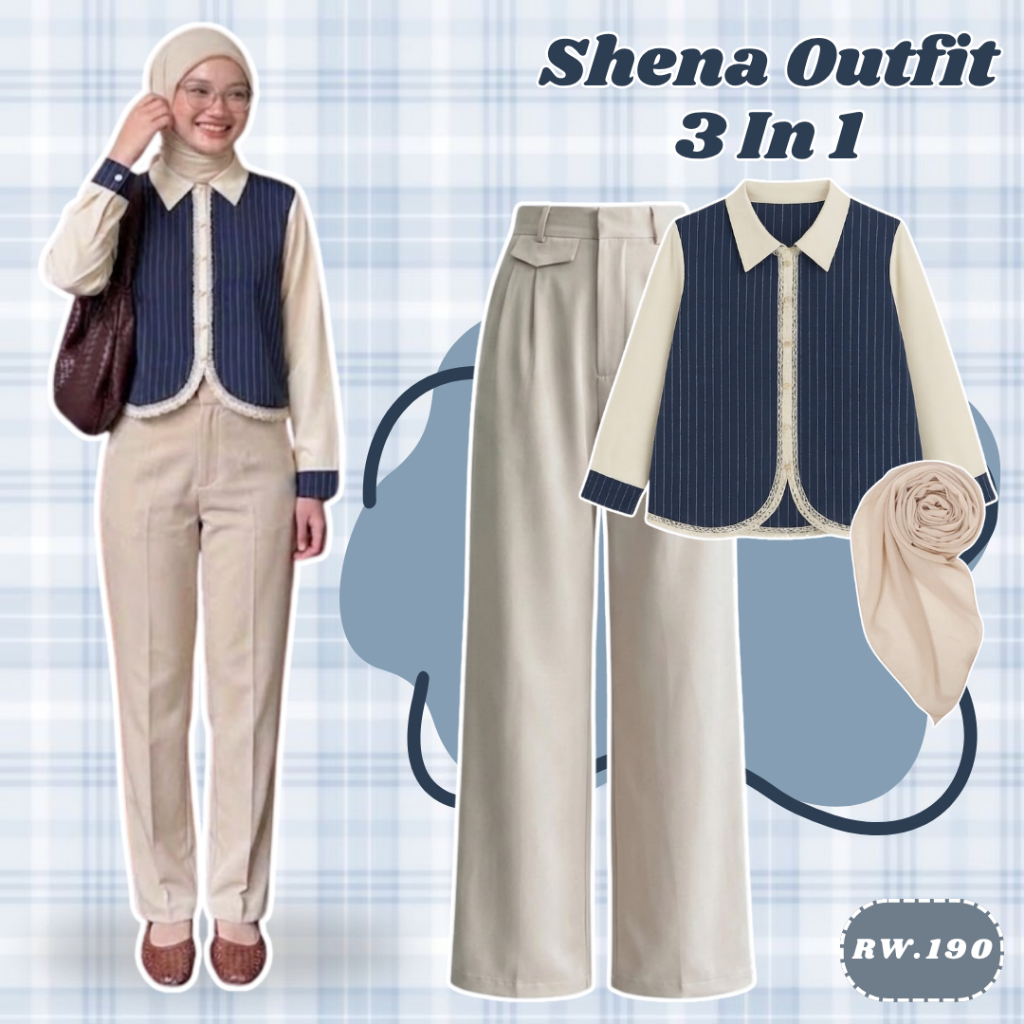 3in1 Setelan Wanita Hijab Kerja Formal Casual | Shena Blouse Top Kemeja Wanita + Oro Knit + Hijab Be
