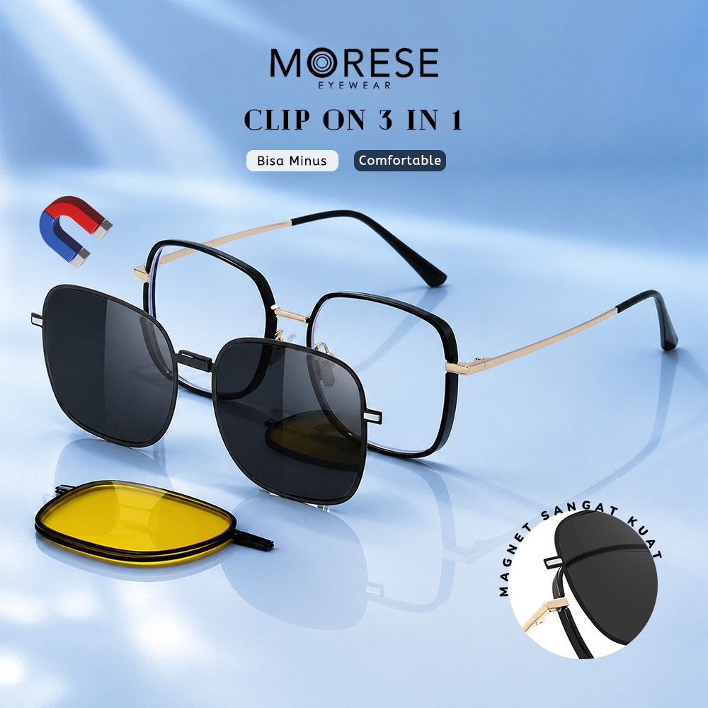 Morese Kacamata Clip ON 3IN1 Free Lensa Clip Polarized Bentuk Kotak Simple Bahan TR90+Metal  Elegant