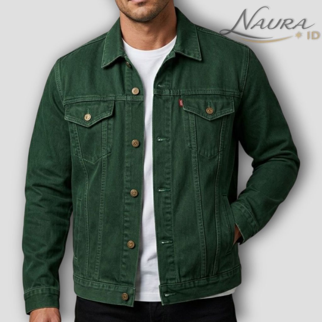 NAURA ID | JAKET JEANS DENIM PRIA WARNA HIJAU ARMY KEREN PREMIUM QUALITY, TERSEDIA UKURAN M SAMPAI X
