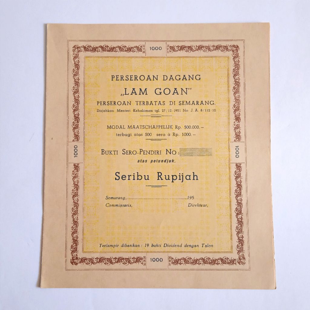 Antik Vintage Dokumen Lama Surat Obligasi Perseroan Dagang LAM GOAN Semarang 1951 Utuh Tua Layak Kol