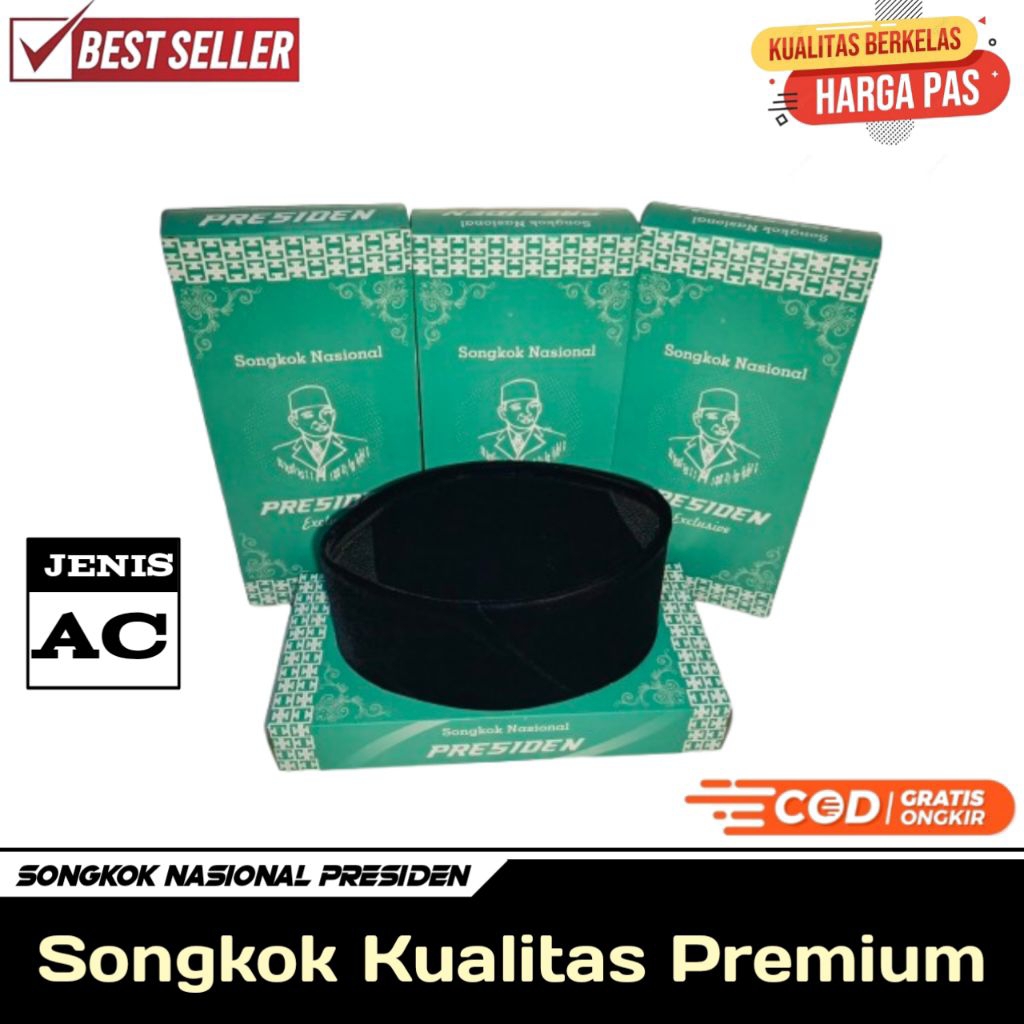 Peci Songkok Kopiah Hitam PRESIDEN AC Bludru Super Halus Bos Silver Tinggi 7/8/9/10