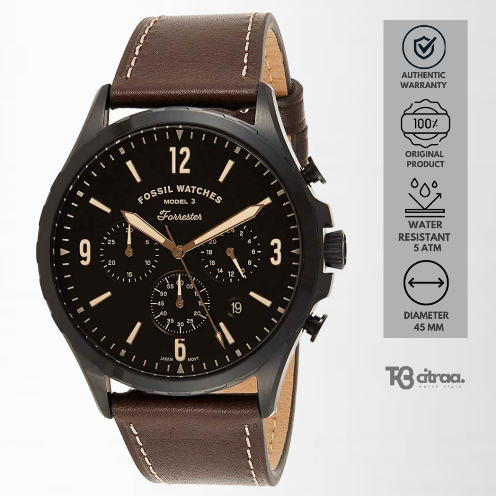 Jam Tangan Pria Fossil Forrester Chronograph Kulit Brown Mewah Casual Original FS5608