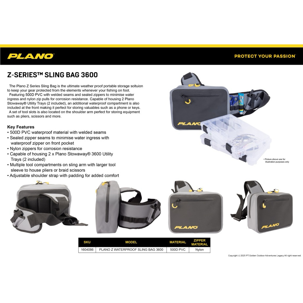 Tas Pancing Sling Plano Z Series 3600 Waterproof Bag Original – Anti Air 500D PVC + 2 Box Tackle 360