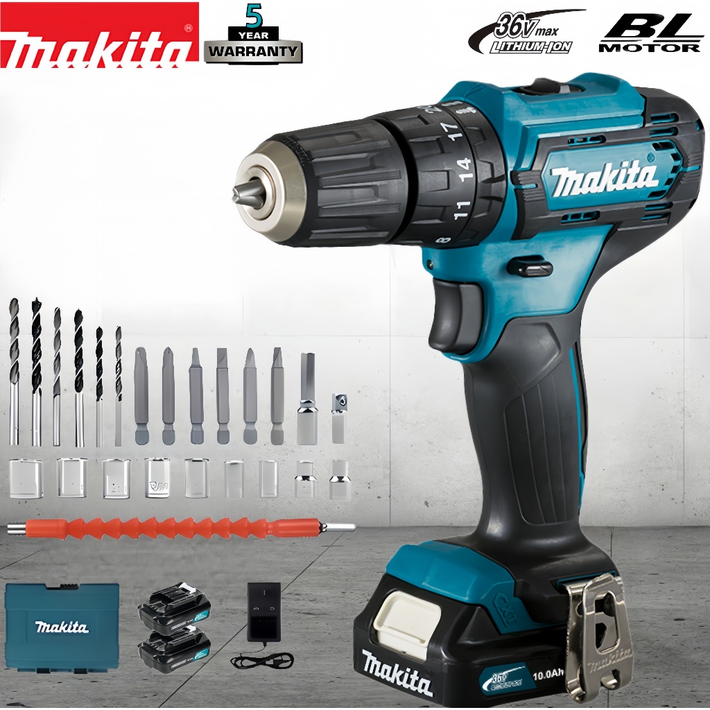 Bor tumbukan Makita DF333, bor beton 36V, bor baja baterai lithium, bor multifungsi.