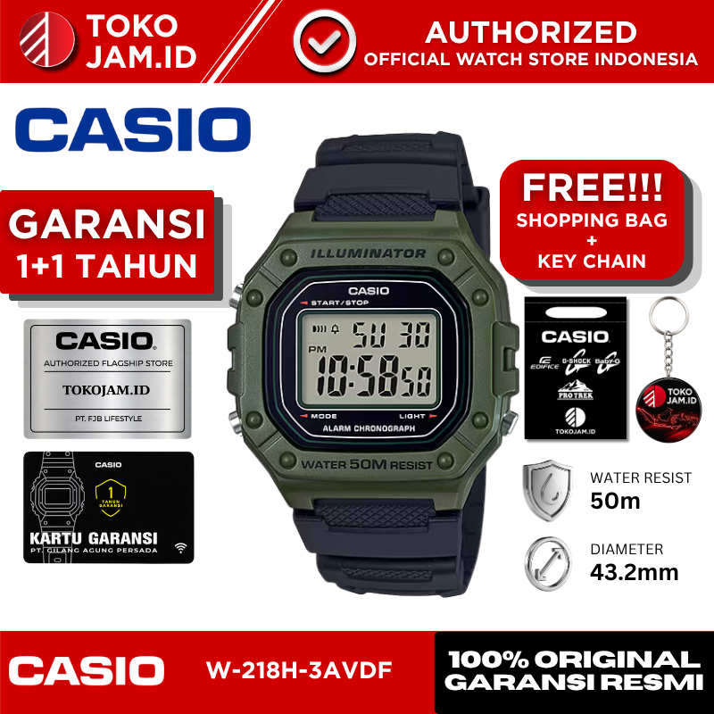 Jam Tangan Casio Pria W-218H-3AVDF Original Digital Army Green Sport Resin LED Alarm Stopwatch WR 50