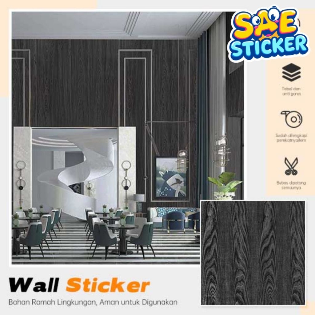 Wallpaper Sticker Meja Lemari Pintu Furniture Kitchen Set Dinding Motif Serat Kayu Hitam