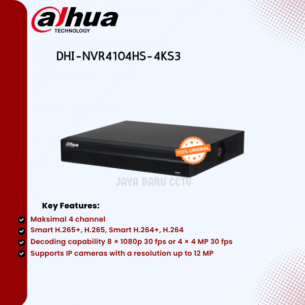 Dahua DHI-NVR4104HS-4KS3 NVR 4 Channel Original Pemutar Ulang Hasil Rekaman Video CCTV Terbaik Garan