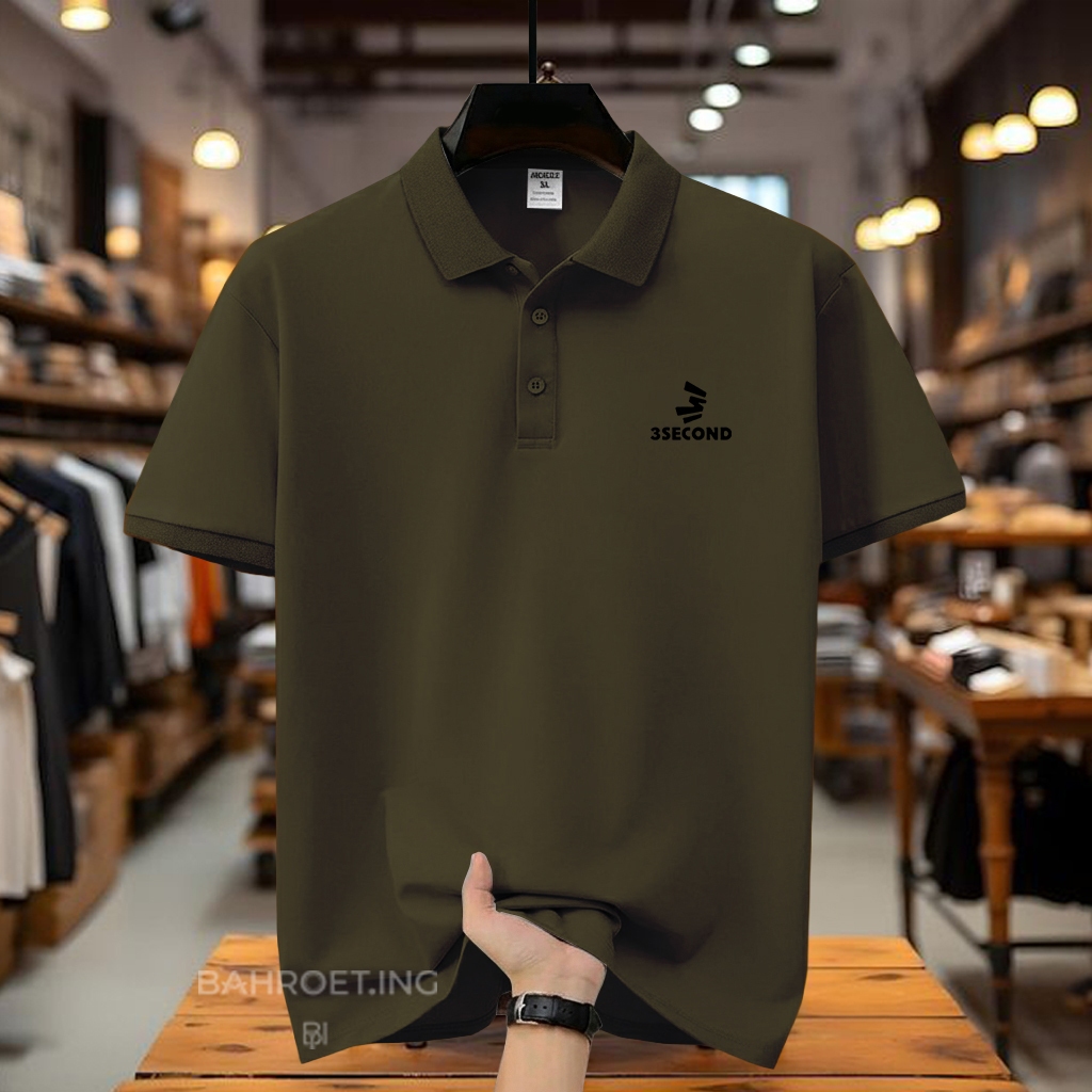 COD T-shrit POLO kerah 3Second Kiri Logo Garis 3 Hitam Kaos Kerah Dewasa Shirt / Kaos Wangki Pria Po