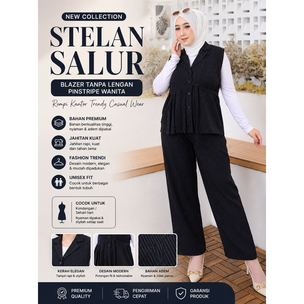 Setelan Wanita Pinstripe 2in1 | Blazer Tanpa Lengan + Celana Panjang | Outfit Kantor Casual Elegan