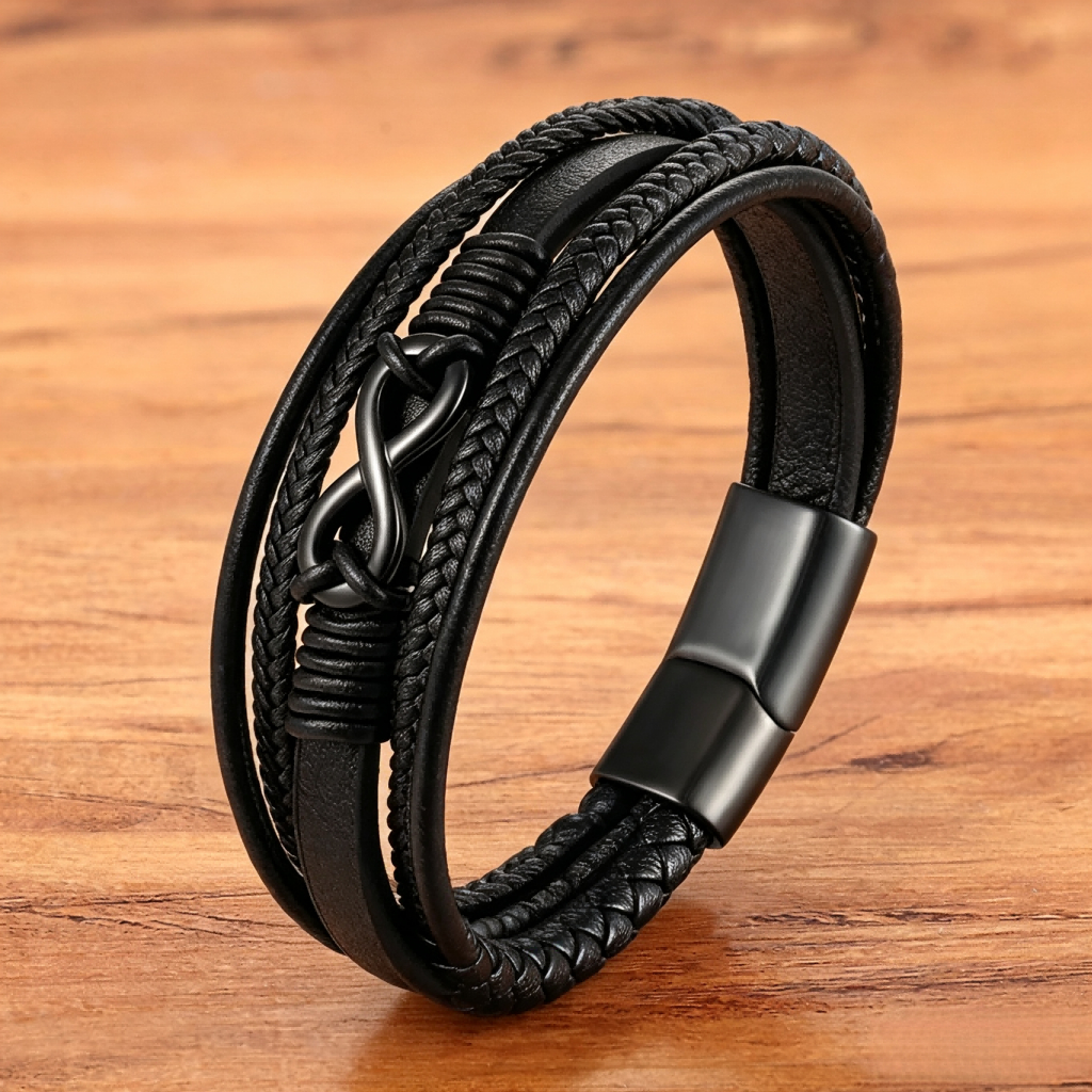 Aksesori Gelang Kulit Asli Pria Berwarna Hitam dan Perak yang Keren dan Mewah Bracelet Men