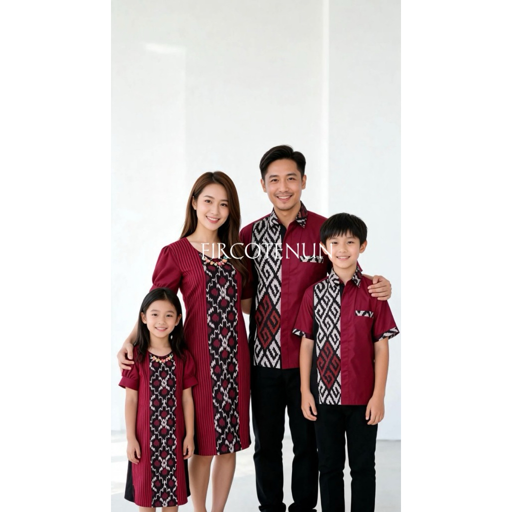 Couple Keluarga Tenun Toraja Maroon - Sarimbit Keluarga Tenun - Kemeja Tenun Pria & Dress Tenun Wani
