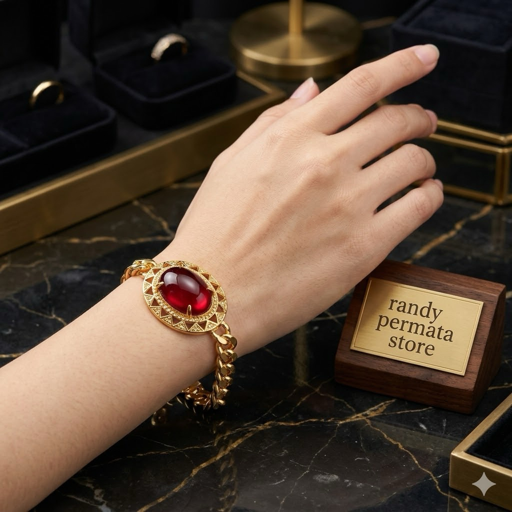 Gelang Batu Akik Merah Siam Big Size Rantai Gold High quality