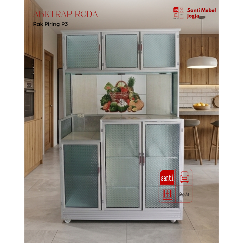 Lemari Dapur Rak Piring Aluminium 3 Pintu HDI Hit ABKTRAP Roda