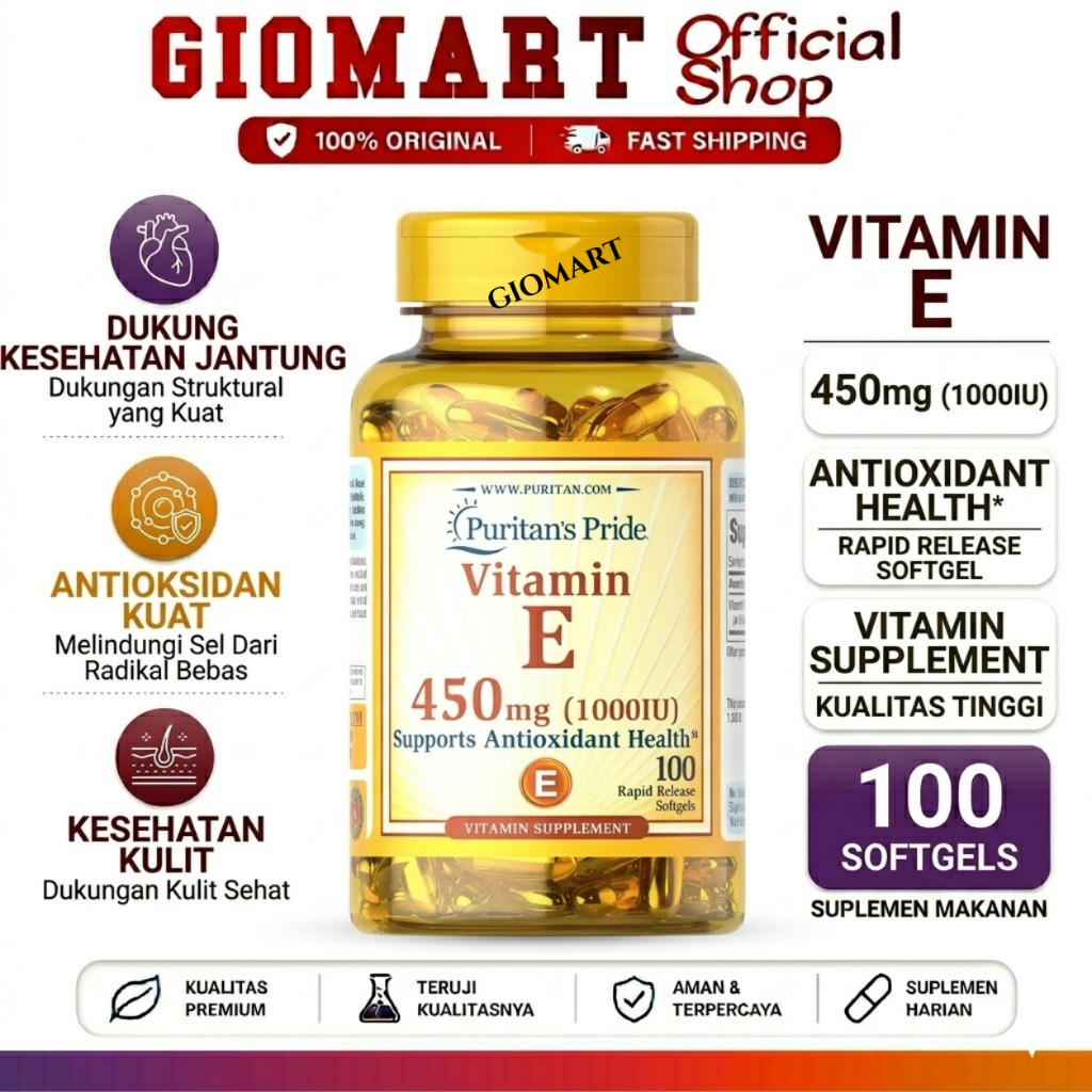 Puritan's Pride Vitamin E 1000 IU (450 mg) 50/100 Softgels Original USA - Suplemen Antioksidan Kulit