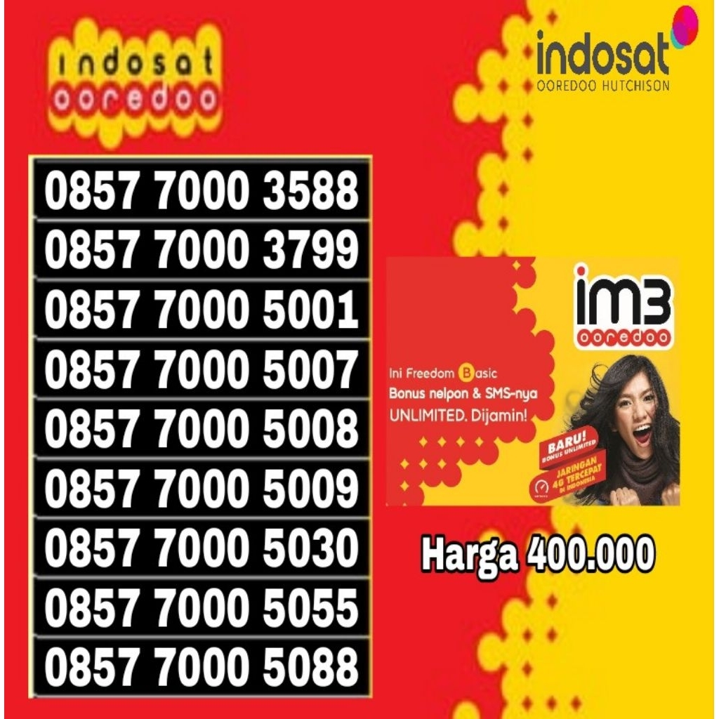 Nomor Cantik Indosat IM3 4G Lte O857 7000 3588 3799 5007 5008 5009