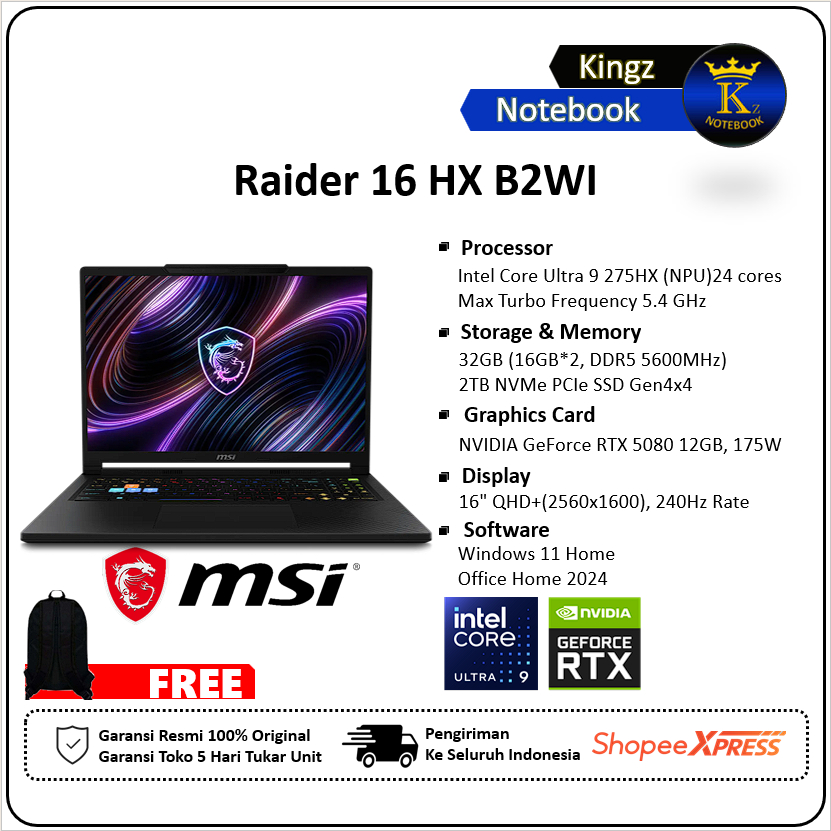 MSi Raider 16 HX RTX5080 Ultra 9 275HX 32GB 2TB SSD Win11+Office 2024 16" QHD+ 240Hz