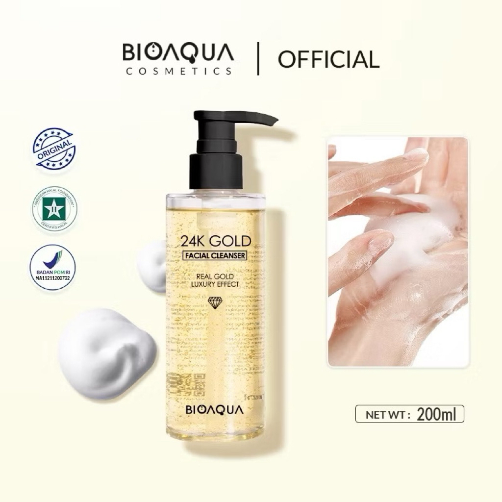 BPOM Bioaqua 24K Gold Facial wash Cleanser Hyaluronic Brightening Moisturizing face wash 200ml