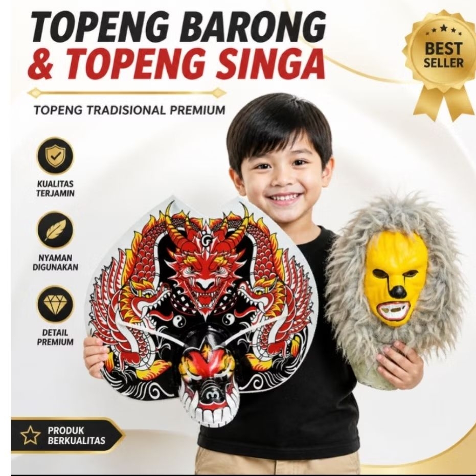 Topeng Barong Bali & Topeng Singa Premium | Topeng Tradisional Anak & Dewasa | Kostum Tari Bali & Fe