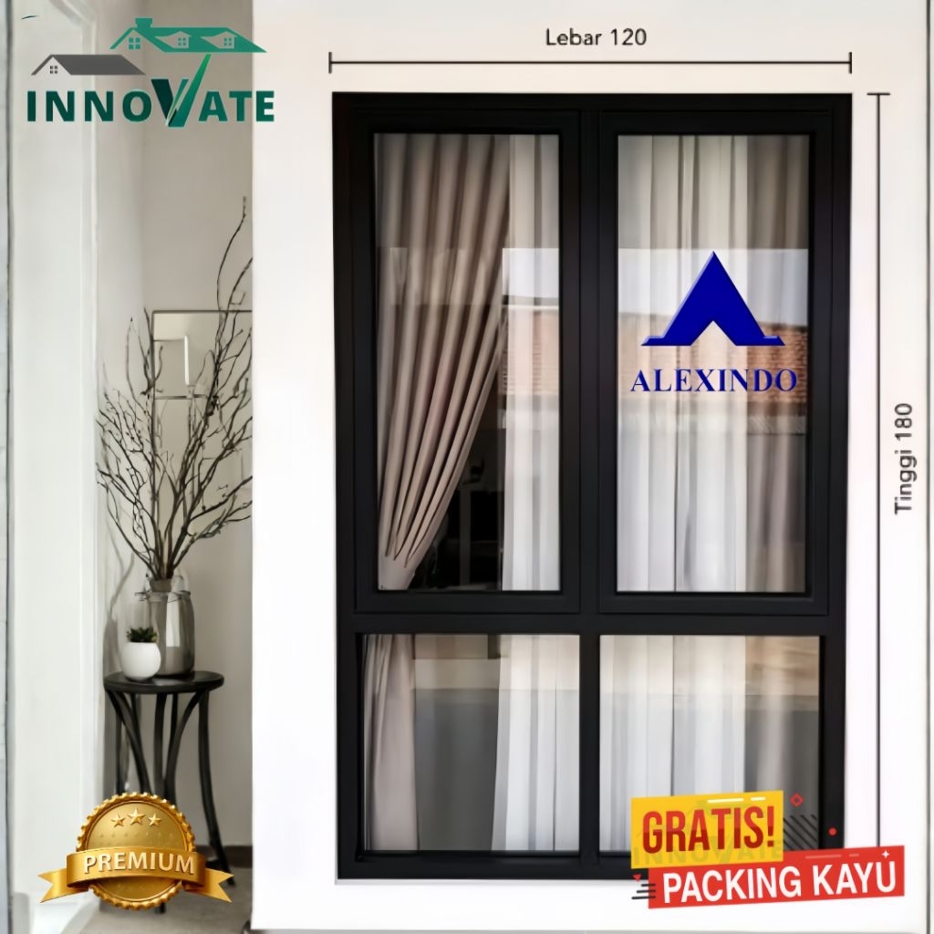 jendela aluminium Alexindo 180x120 2 daun aktif dan kaca mati