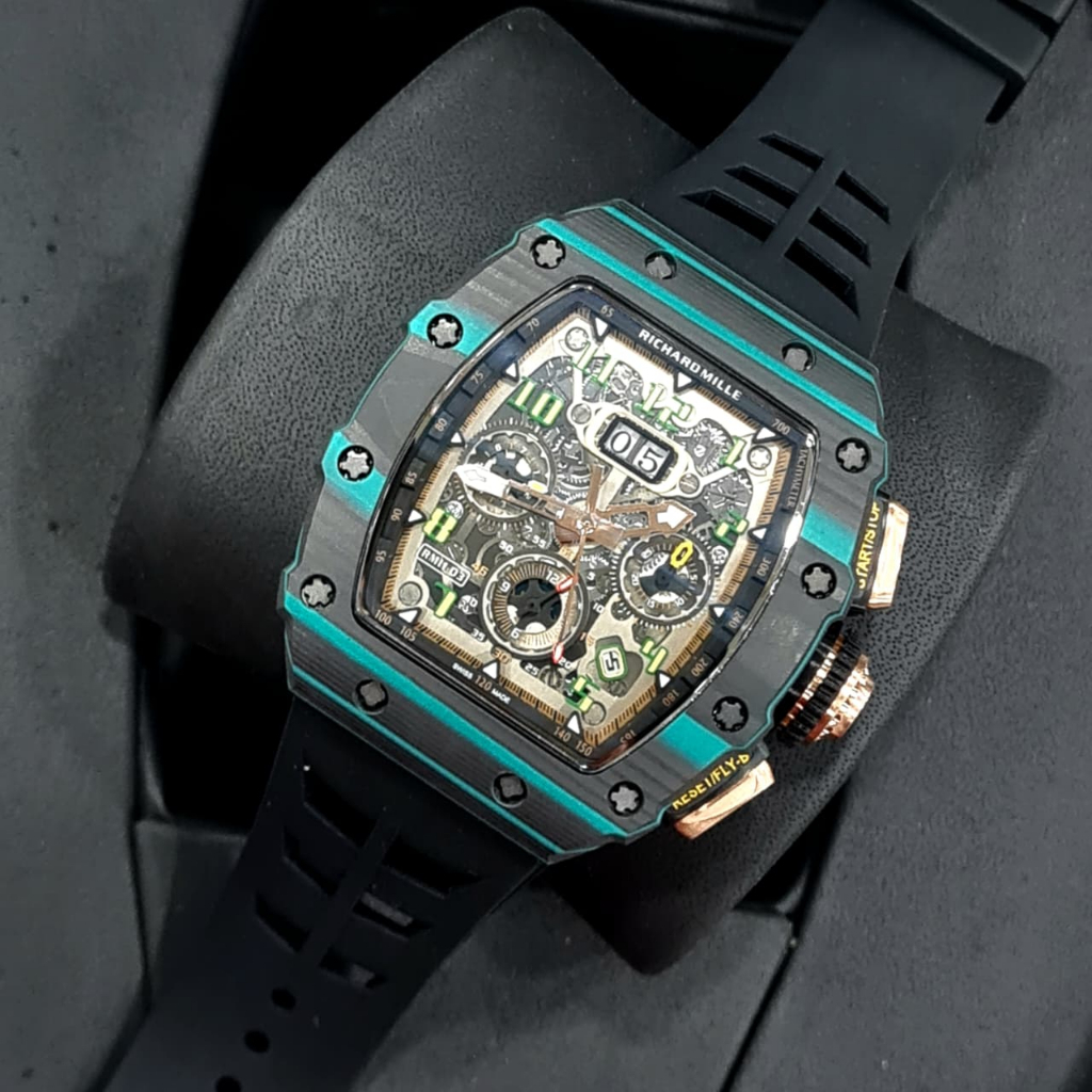 Jam tangan pria luxury model kotak swiss RM 11-03 carbon TPT case with turquoise accents automatic