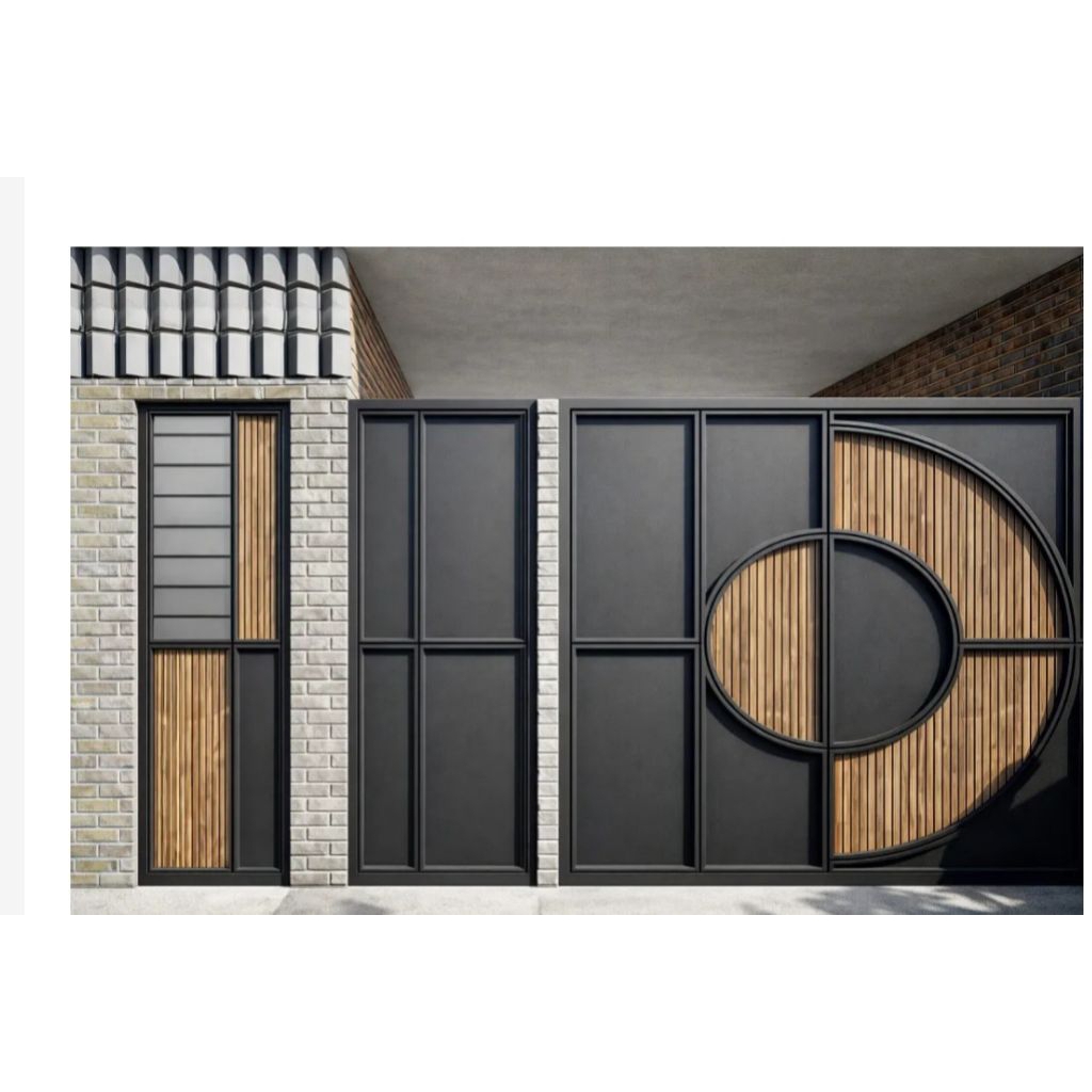 Pagar & gerbang Rumah Minimalis Modern Premium Besi Hollow + Woodplank Motif Lingkaran Custom