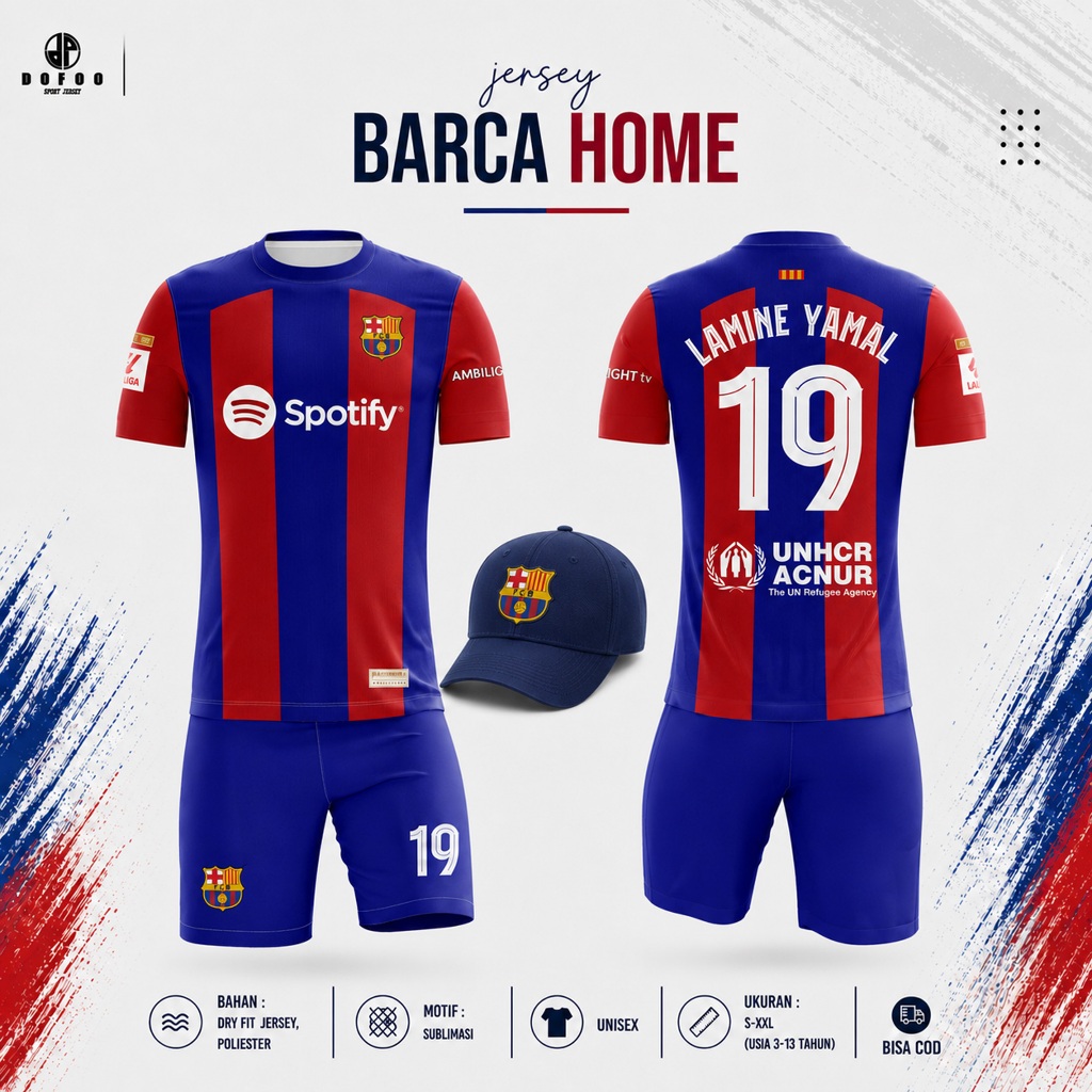 DOFOO - Jersey Anak Barcelona Setelan Bola Dryfit Premium Menyerap Keringat Usia 3-13 Tahun BONUS TO
