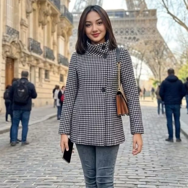 Coat Wool wanita motif Houndstooth, Spring Autumn Luxury
