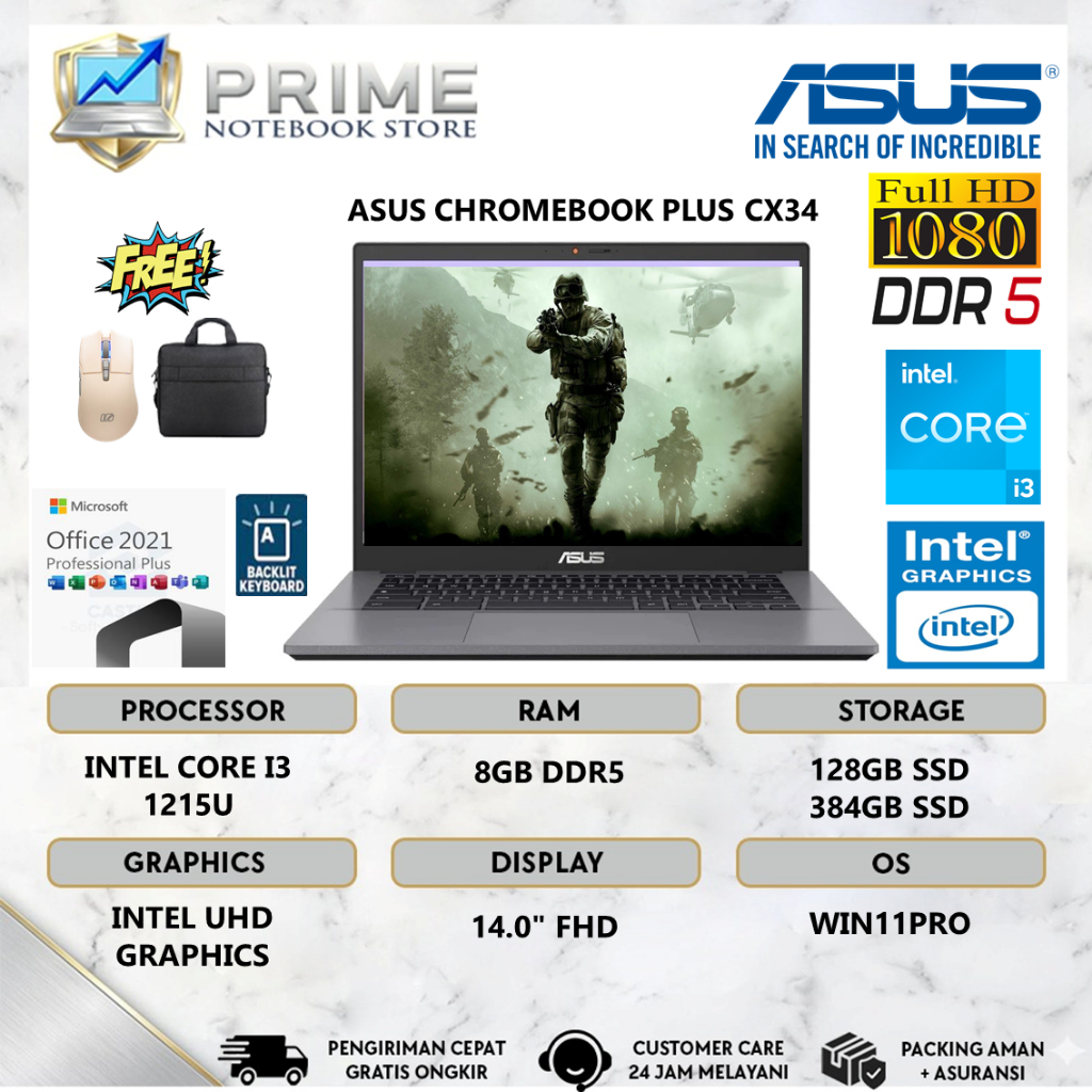 Asus Chromebook Plus CX3402CB i3 1215u 8GB 384GB Free Gemini Pro 1 Tahun Windows 11 Pro
