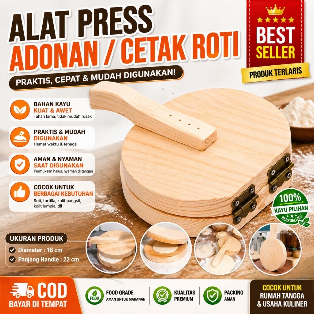 Best Seller Alat Press Adonan Kayu Serbaguna Jumbo 18cm Cetakan Roti Tortilla Lumpia Pangsit Manual 