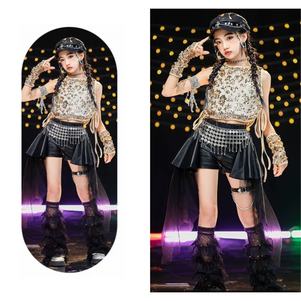 [READY STOCK] BG-01 Baju Dance Anak Import Gold Black Kpop Hiphop Kostum