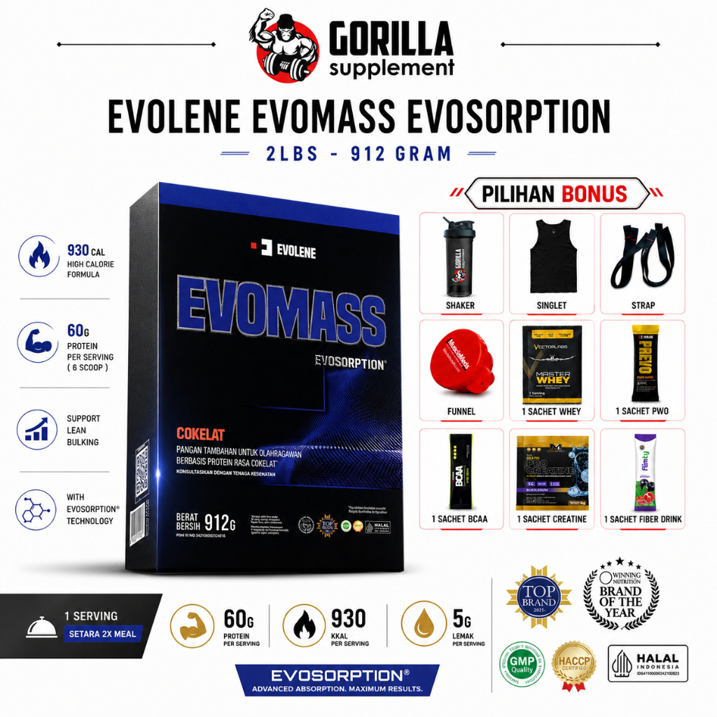 EVOLENE Evomass Evo Mass 2lbs 923 Gram BPOM HALAL MUI Gainer 2lb 1kg Coklat Hazelnut