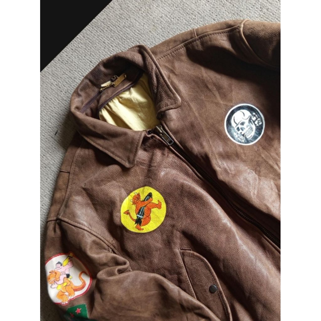 Vtg AKASO MA1 Leather Bomber Jacket Art Painting X Jaket Kulit Pilot WW2 Avirex Harley Davidson RBC 
