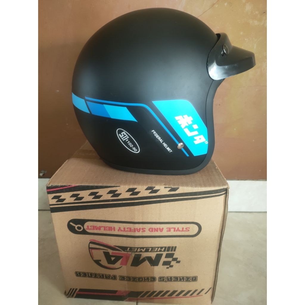 Helm Bogo Honda GL Series Jadul Plus Pet Dewasa Pria Wanita / Helm Bogo Retro Hitam Doff Line Biru P