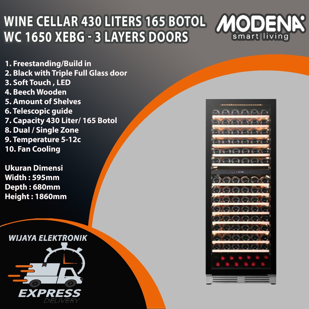 MODENA WC 1650 XEBG - Wine Cellar 430 Liter 165 Botol Dengan 3 Layers door Bergaransi Resmi Modena /