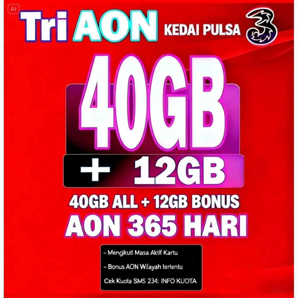 DATA TRI AON 40GB +12GB (365 hari)