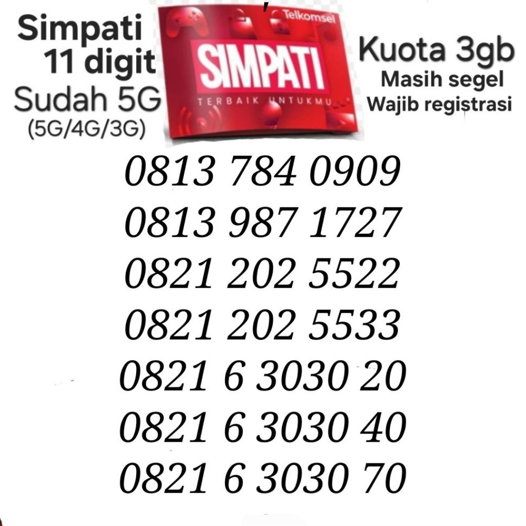 Nomor Cantik Telkomsel Prabayar Simpati Kartu AS Loop Hoki Jitu Sakti 5G 4G Perdana 10 11 12 Digit M