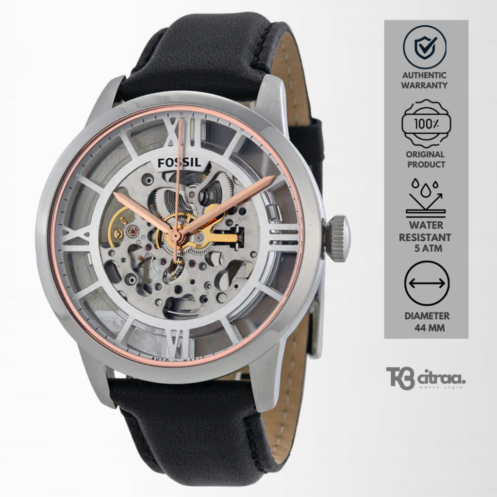 Jam Tangan Fossil Pria Townsman Automatic Kulit Black Case Silver Casual Original ME3041