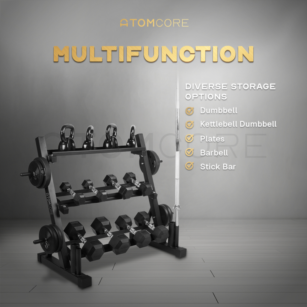 Rak Dumbbell Multifungsi Tempat Simpan Plate Beban Stick Bar 200kg 130cm Rak Barbell Penahan Beban D
