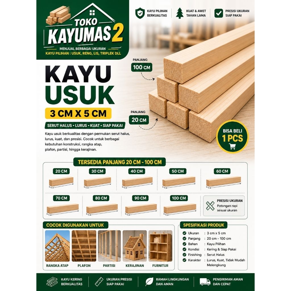 Kayu Usuk Meranti 3x5 cm Serut Halus Panjang 20–100 cm | Kuat & Awet | Bisa Beli Satuan | Untuk Rang