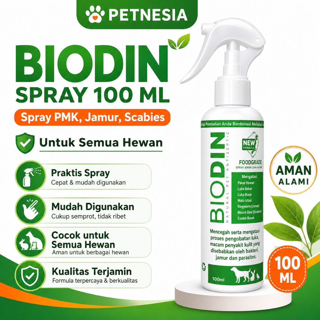 BIODIN SPRAY 100 ML - Spray PMK Jamur Scabies Biodin Semua Hewan
