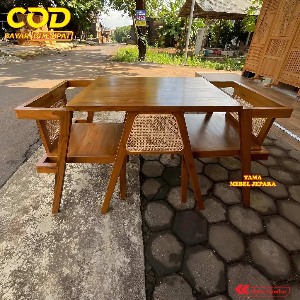 Meja Makan Kursi Unik Jati Mix Rotan Model Terbaru Multifungsi - Meja Cafe Couple - Kursi Cafe Resto
