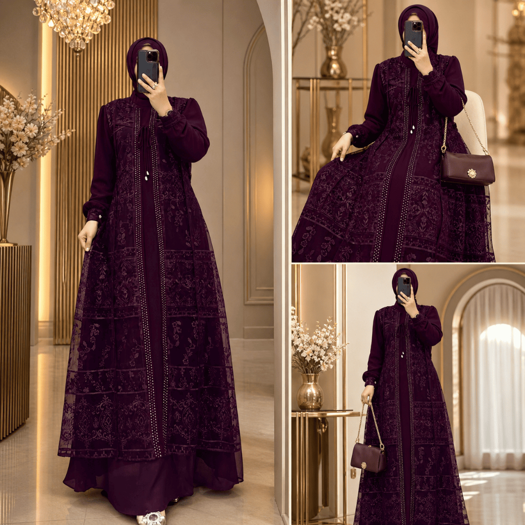 Gamis Davina Ceruty Babydoll Brukat Swarovski All Size Wanita Syar'i Pesta Lebaran Size M,L,XL,XXL