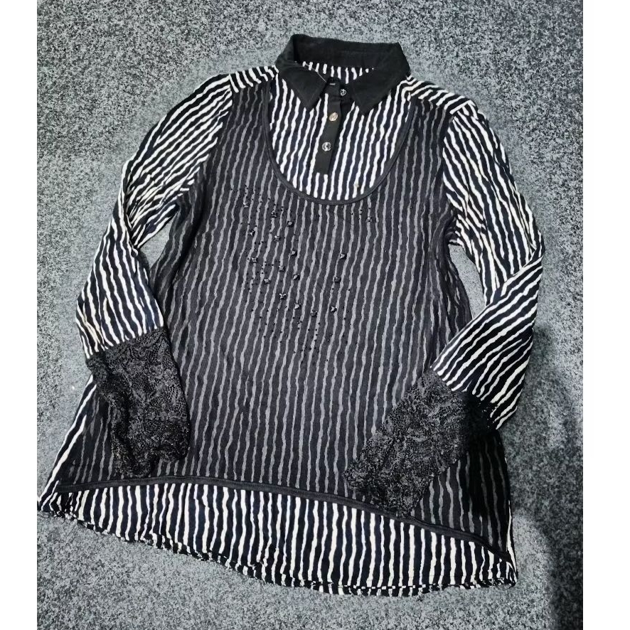 Blouse Salur Hitam Putih Pekat/Blouse Katun Kaos Mix Tile Mix Brokat